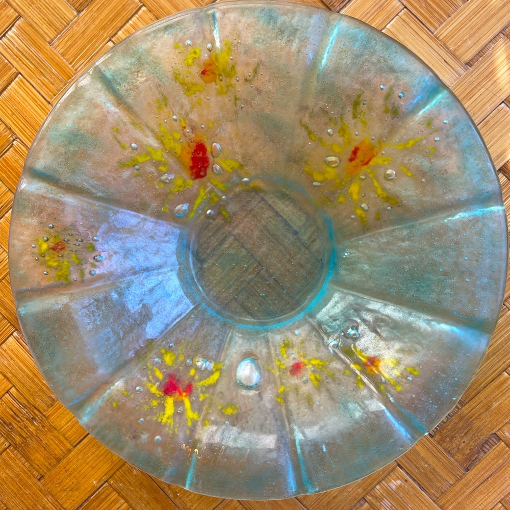 Handmade blue glass dish signed vintage